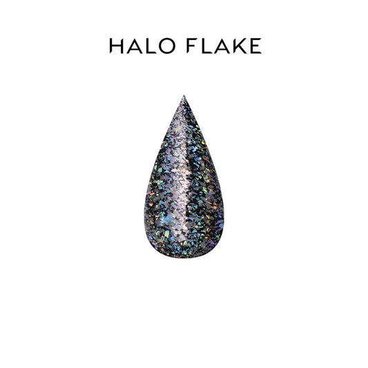 Teardrop-shaped glittery nail art powder with 'HALO FLAKE' text above on a white background