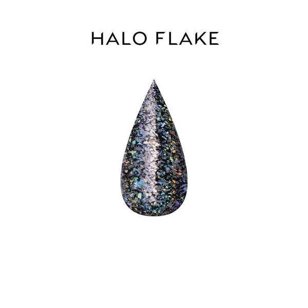 Teardrop-shaped glittery nail art powder with 'HALO FLAKE' text above on a white background