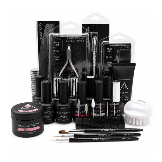 Collection of nail care products including polishes, tools, and accessories on a white background
